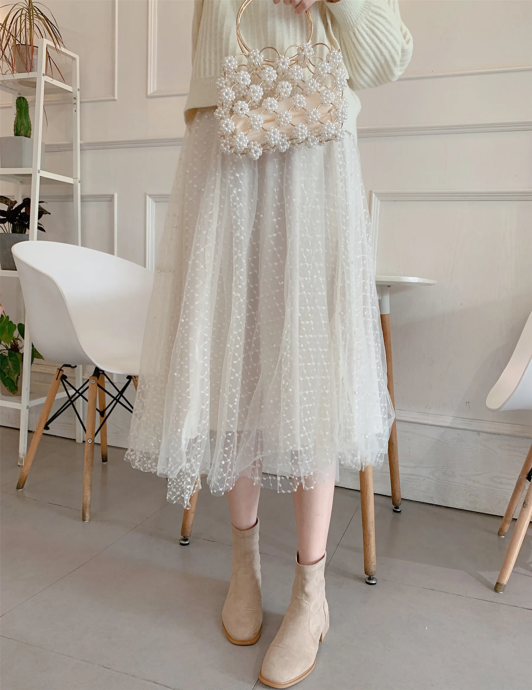 Pearl Skirt Slimming Pleated 2022 New Style Gentle Fairy Gauze Industrial Beads High-waisted Plus Velvet Women 's Mesh