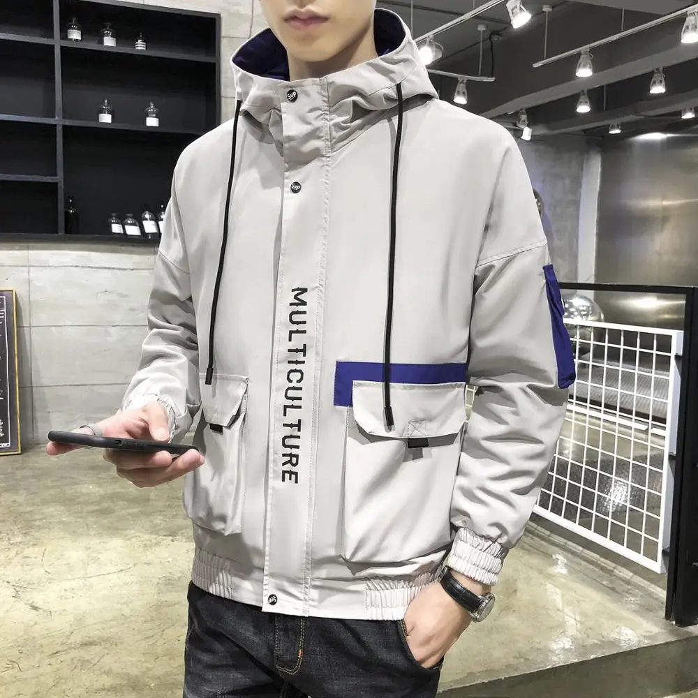 

New Spring Autumn Bomber Hooded Jacket Men Casual Slim Patchwork Windbreaker Jacket Male Outwear Zipper Thin Coat Brand Clothing