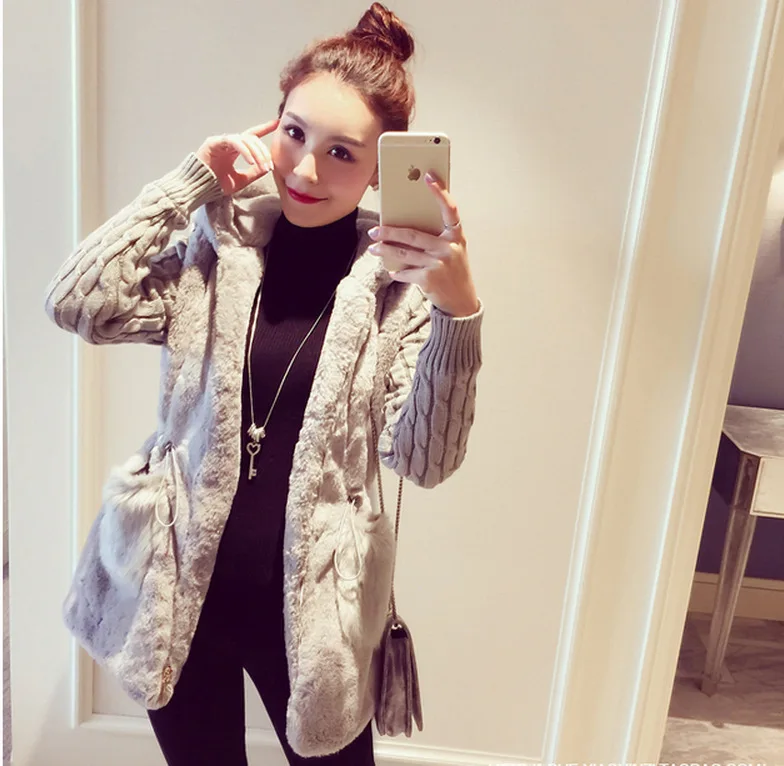 Najtaniej 2019 jesień i zima w nowym stylu klasyczne mody dzianiny wspólne pluszowe Faux futro wyściełane z kapturem płaszcz damski