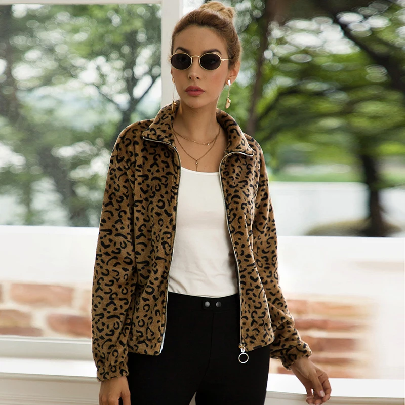 

Women Leopard Plush Coats Autumn Outerwear Soft Flannel Zipper up Jacket Female Turn-down Overcoat Casual Hoodies Outwear