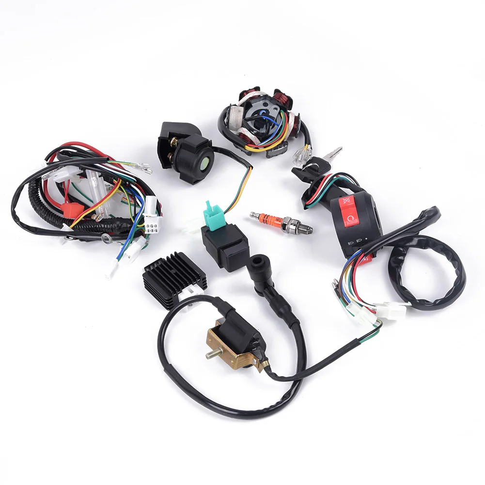 

50CC-125CC Mini ATV Complete Wiring Harness CDI Stator 6 Coil Pole Ignition Set Cables Adapters Sockets