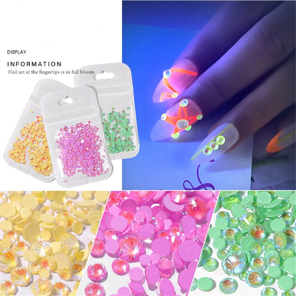 1 Pack Flatback Luminous Nail Rhinestones Mixed Sizes Crystal Shiny Nail Flat Drill Flash Gems Glass Nail Art Decorations Tools (1)