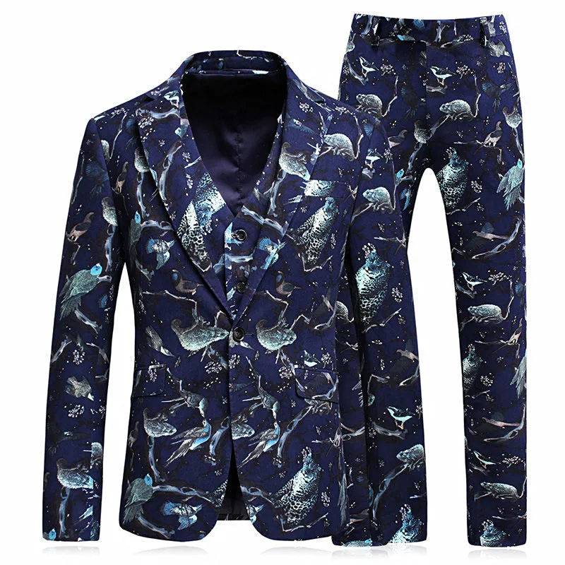 

Men's suit men's printed casual suit three-piece suit (jacket + pants + vest) wedding groom dress men's suits with pants