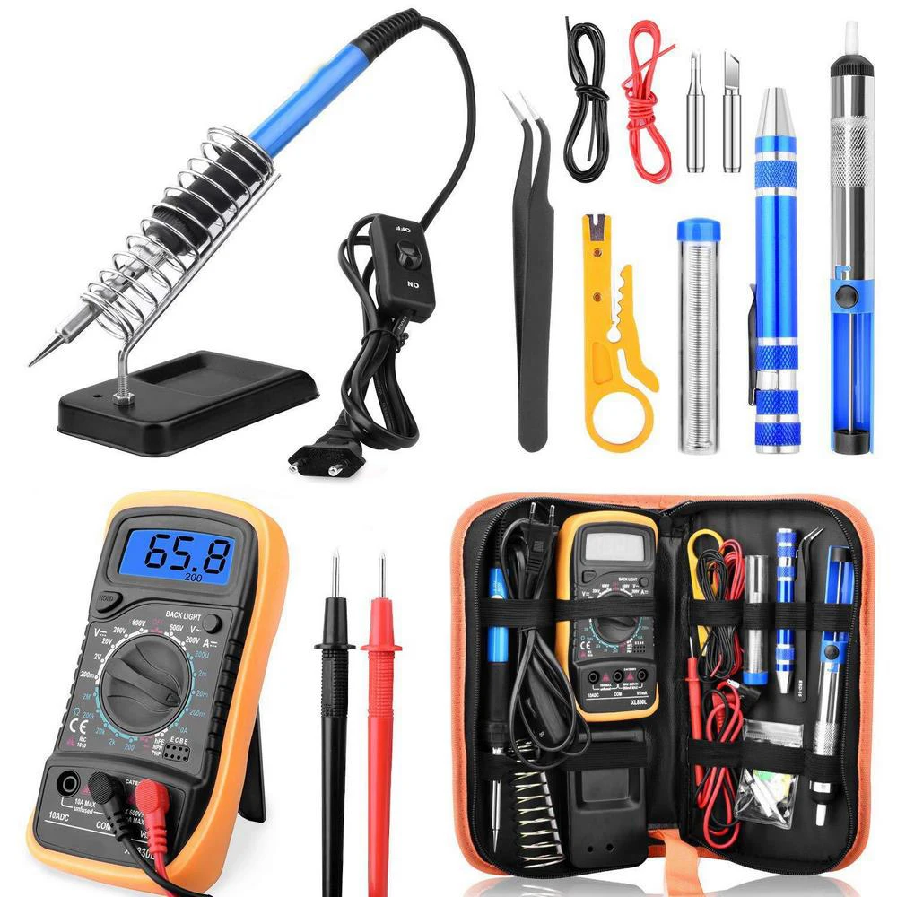 60w Electric Soldering Iron And Digital Multimeter Tester Tool Kit  Wire Stripping Knife Screwdriver Tweezers Toolkit Tool Set
