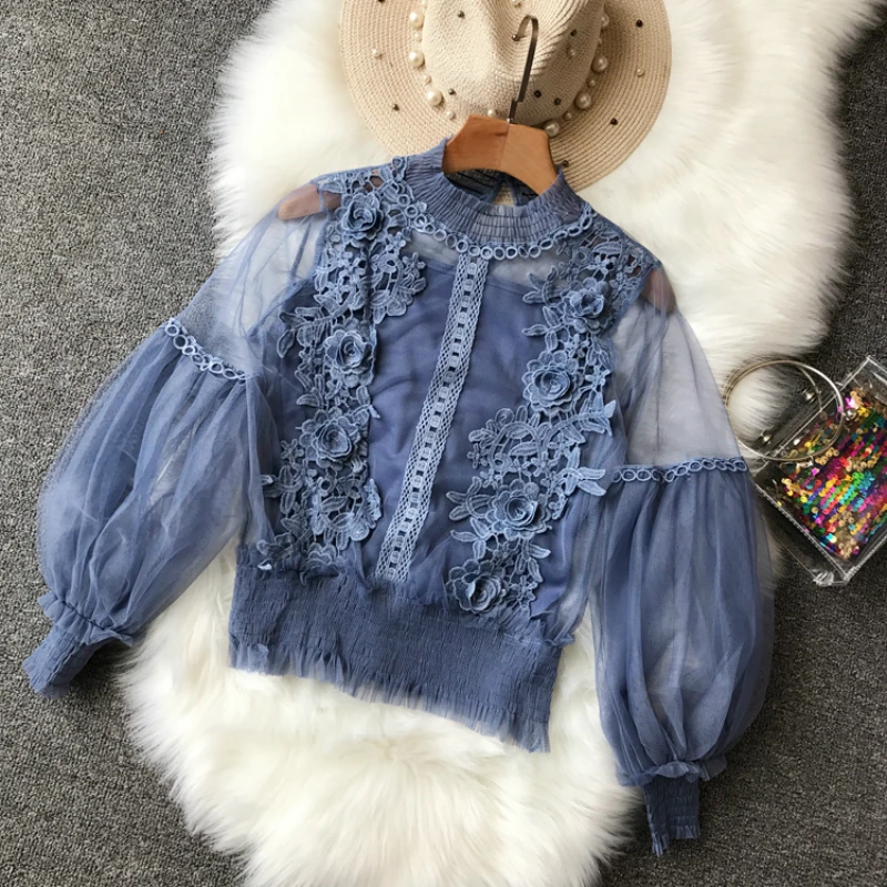 Women Perspective Gauze Blouse Shirt Lantern Sleeve Lace Crochet Mesh Blusas Ruffle Blouse with Ela