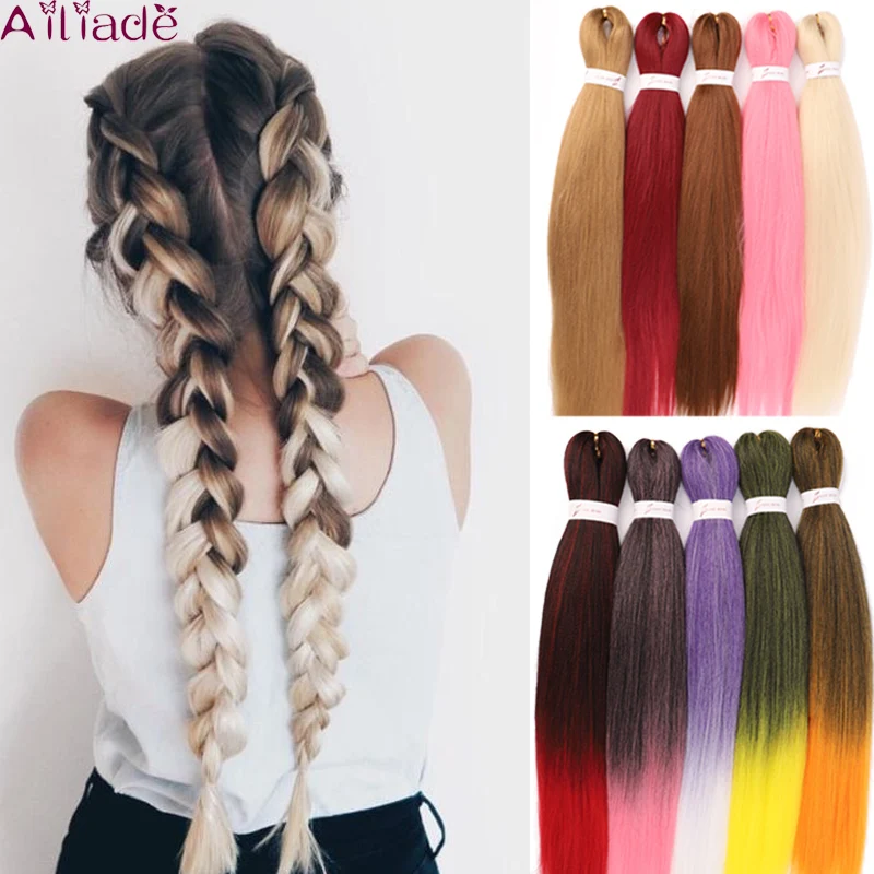 

AILIADE 26 Inches100g Yaki Straight Synthetic Hair Extension Pre Stretched Crochet Jumbo Omber White Braids Hair Braiding