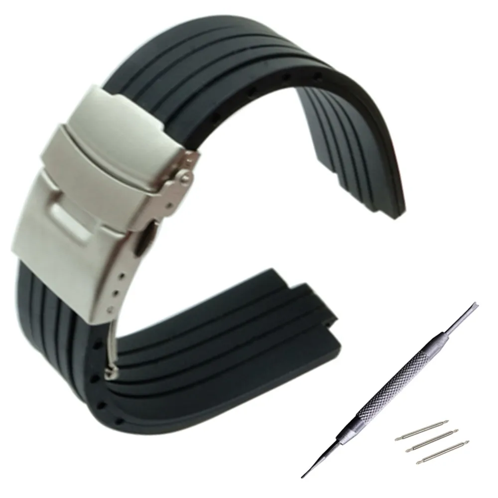 

23mm 24mm x 9mm 10mm 11mm Convex Watch Band Silicone Rubber Watchband Stainless Steel Safety Buckle Strap Wrist Belt Bracelet