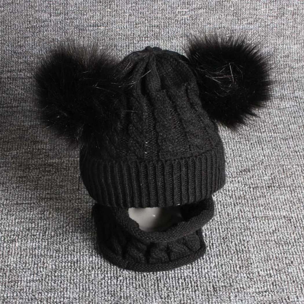 Зимний теплый искусственный мех енота двойной помпон шляпа шарф набор детские вязаные шапочки детская шапочка помпон шапки для мальчиков и девочек шляпа - Цвет: Black