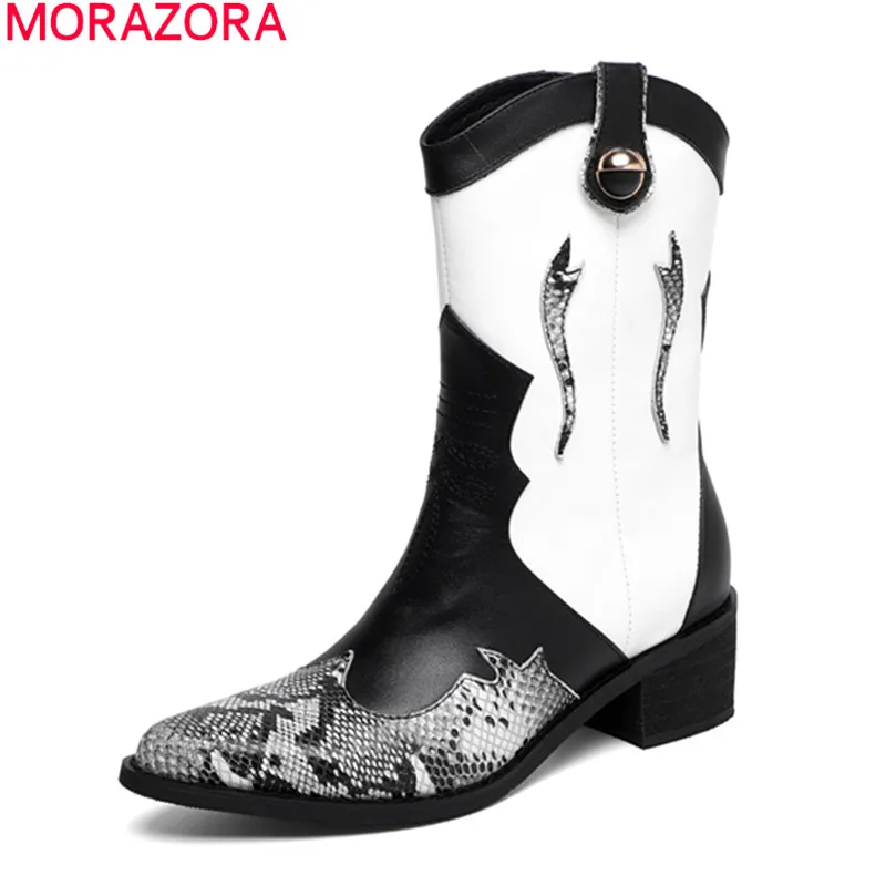 MORAZORA/ г., осенне-зимние модные ботильоны Классическая ковбойская обувь женские ботинки из натуральной кожи на среднем каблуке с острым носком на молнии