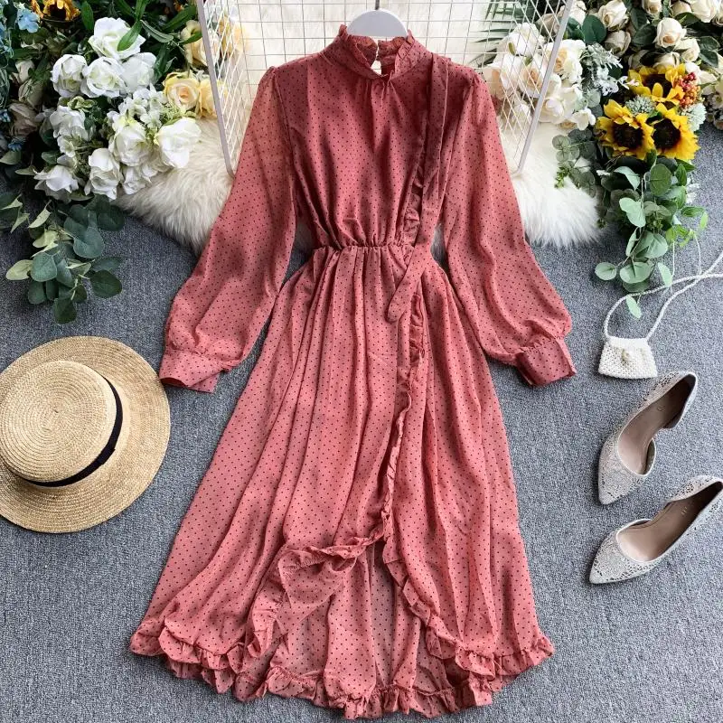 

2019 New Women Dress Casual Dot Lady Dress Ball Gown Patchwork Asymmetical Ruffles Lantern Sleeve Ruffled Comfortable Clothes