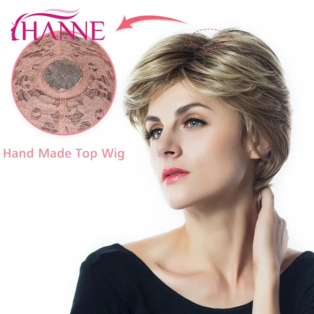 Online HANNE Kurze Synthetische Perücken Mix Brown Blonde Hand Made Spitze Top perücke Hohe Temperatur Faser Perücken Für Schwarz Weiß frauen