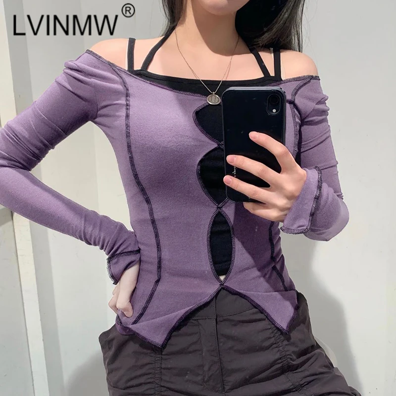 LVINWM 2020 фиолетовая футболка с длинным рукавом и глубоким вырезом в стиле пэчворк