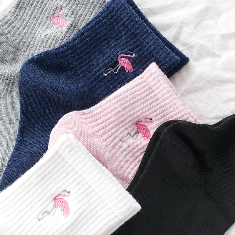 Japanese Harajuku Cute Flamingos Funny Socks Women Kawaii Animals Embroidery Skarpetki Socks Novelty Cotton Calcetines Mujer