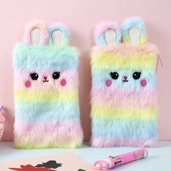 

Student Cartoon Rabbit Pencil Case Women Small Preppy Style Rainbow Fur Cosmetic Case Multi Color Embroidery Zipper Makeup Bag