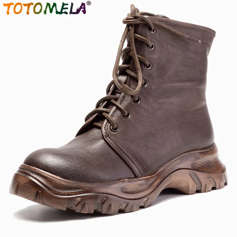 

TOTOMELA 2020 New full genuine leather boots women round toe lace up round toe platform boots vintage retro ankle boots shoes