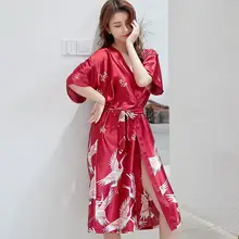 Женский халат из искусственного шелка с вышивкой Журавля, одежда для сна на весну и осень свободного размера плюс, домашняя одежда