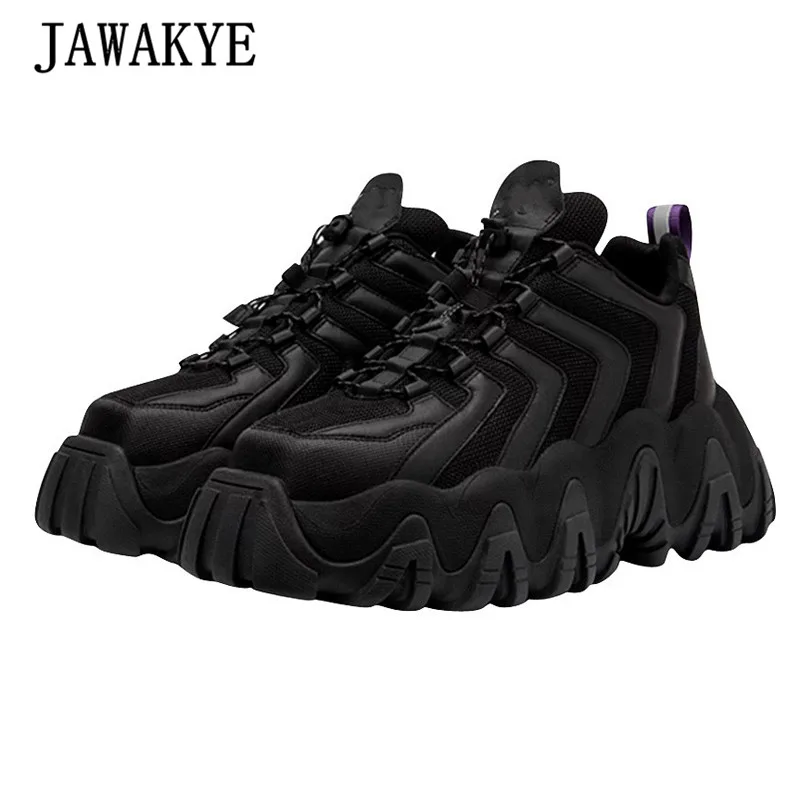 

New Sawtooth Women Casual Daddy Shoes Cozy Real Leather Flat Platform Trainers Mixed Color Lace Up Creeper Sneakers Shoes Woman