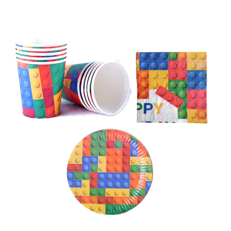 

60pcs Toy Brick Theme Party Disposable Tableware Set Napkins Plate Cup Happy Birthday Party Decor Supplies use for 20 persons