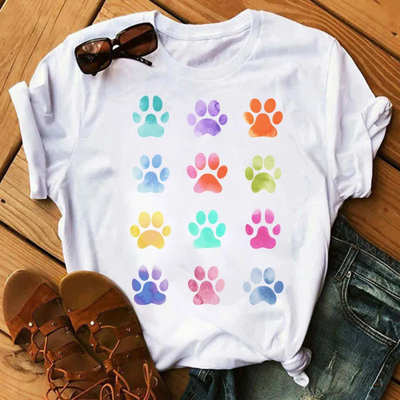 Camiseta con estampado de pata de perro de acuarela para mujer, ropa de manga corta informal, Harajuku, para mamá y perro