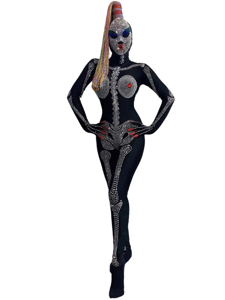 ハロウィーンのコスプレ衣装 スケルトンのボディスーツ 頭蓋骨の帽子 きらびやかな舞台衣装gogo Dj レイブ服vdb2628 Aliexpress ノベルティ 特殊用途