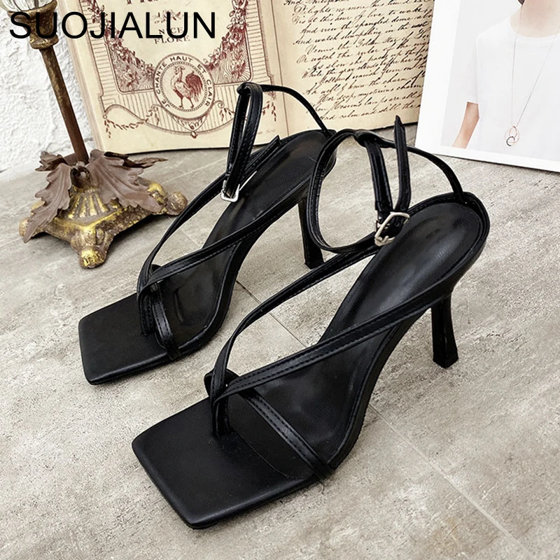 SUOJIALUN Gladiator Sandals High Heels Sandal Shoes Fashion Brand Strap Flip Flops Sexy Thin High Heel Pumps Square Toe Shoes women high heels platform high heels sandals platform sandals