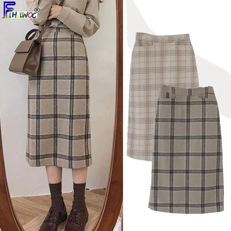 

Winter Spring Basic Skirts Women's A-Line Vintage Skirt Grid Pattern Plaid Skirt High Waist Korea Style Design Clothes 10514