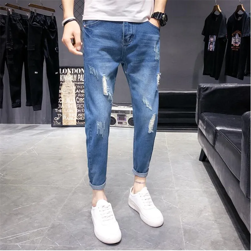 Весенние и осенние мужские хлопковые микро-эластичные джинсы для отдыха, Молодежные трендовые красивые узкие брюки, мужские модные рваные джинсы