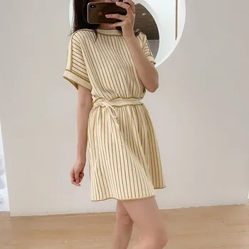

2020 Summer Dress Women Gold Vertical Stripes O-neck Batwing Sleeve Knit Casual Dress Elastic Waist Short Mini Dress Vestidos