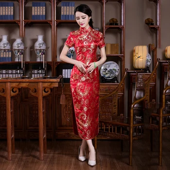 

Summer New Women Chinese Dress Elegant Red Long Qipao Sexy Slim High Slit Cheongsam Vintage Flower Mandarin Collar Vestidos