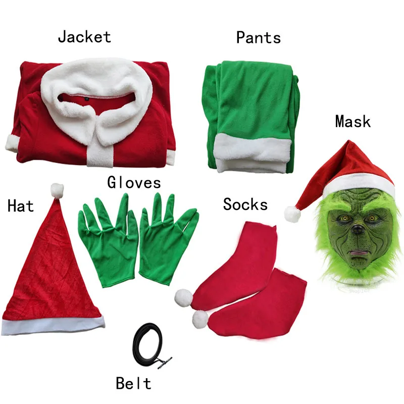 Рождественский костюм Grinch, Рождественский костюм для взрослых, костюмы для Хэллоуина, Санта-Клауса, забавный флисовый наряд для мужчин с маской - Цвет: Clothing And Mask