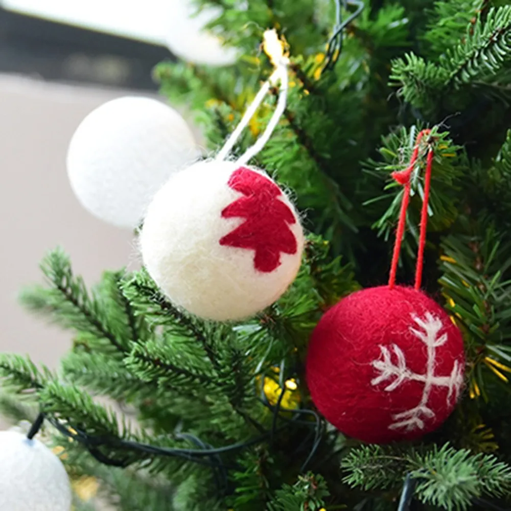 

6pcs/set Merry Christmas Wool Felt Circle Ball Ornaments Xmas Tree Snowflake Pattern Drop Pendant DIY Christmas Decorations