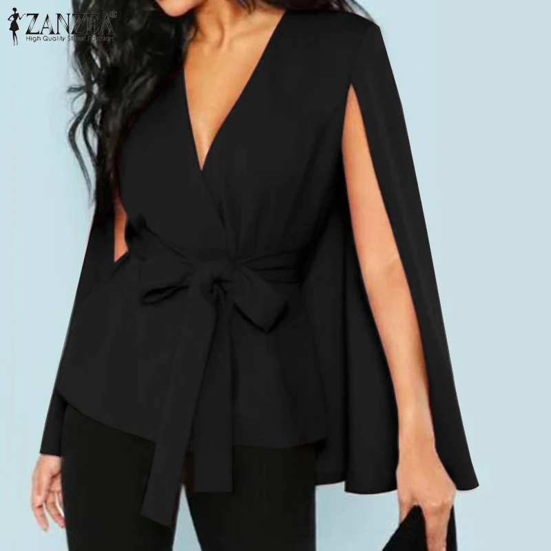 Ideal  V Neck with Belt Party Jackets ZANZEA Elegant Spring Fashion Solid Cape Coat Women Long Sleeve Over