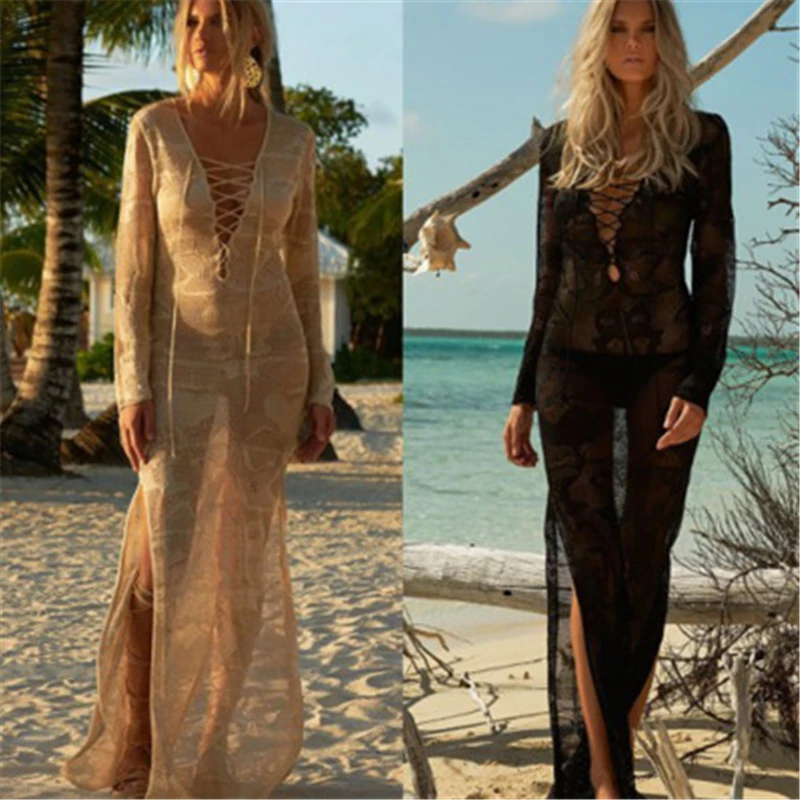 

Long knitted beach skirt leisure holiday beach blouse loose show thin dress women summer beach bikini cardigan batch yarn