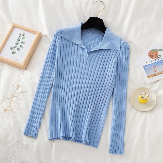 Korean Style Turn-Down Collar Women Sweater Female Long Sleeve Casual Pullovers Knitted Sweaters Clothes Sweter Mujer 2021 Fall Light blue