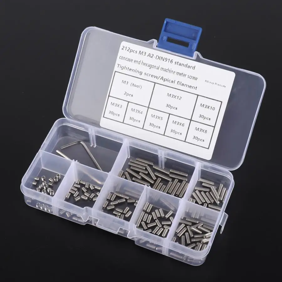 

212Pcs Grub Screws Stainless Steel M3 A2-DIN916 Inner Hex Concave End Tighten Screw Headless Fasteners Hardware Tool