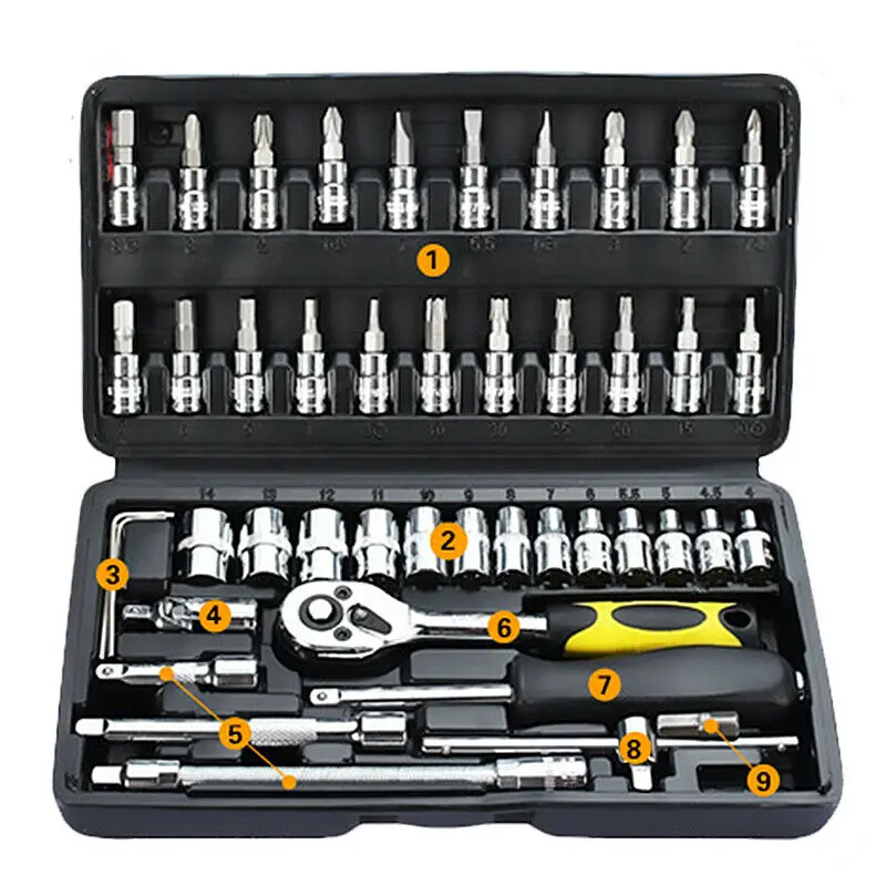 

46x Spanner Socket Screwdriver 1/4 Car Repair Tool Ratchet Wrench Hand Tool DIY