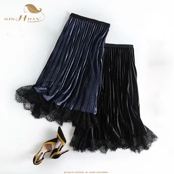 

SISHION 2020 New Fashion Spring Autumn Velvet pleated skirt Women High Waist Double-sided Lace Skirt Mujer SP0879
