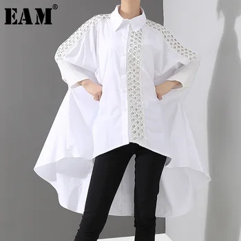 

[EAM] Women White Back Long Hollow Out Big Size Blouse New Lapel Long Sleeve Loose Fit Shirt Fashion Spring Autumn 2020 JQ150
