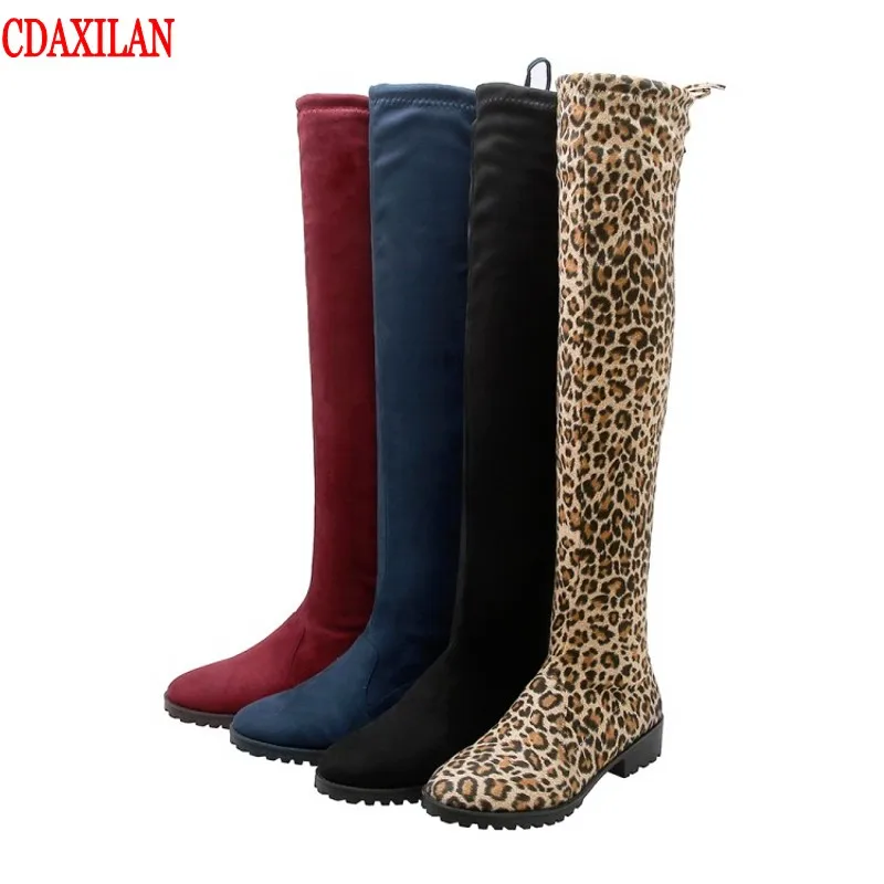 CDAXILAN new to women's Over-the-knee boots stretch fabric suede Mid-heel lace-up sexy thigh boot leopard grain long boot