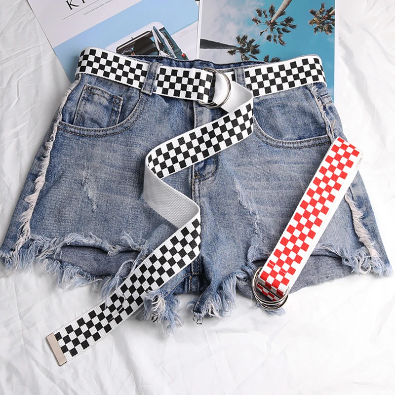 

Canvas Belt Women Men D Ring Waist Strap Black Red Belts Female Casual Plaid stripesTrouser Punk Long Waistband