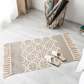 

Cotton Linen Hand-Woven Carpet Geometric Floor Mat Bedroom Living Room Carpet Fringed Home Decoration