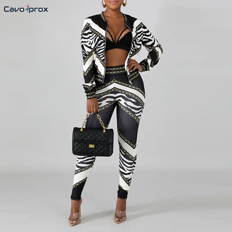 

Women Two Piece Sets Off The Chain Zebra Printed Tracksuits Long Sleeve Zip Up Jackets and Skinny Pants Elegant Outfits