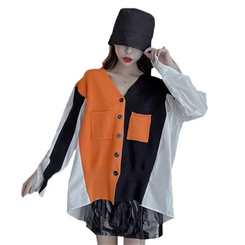 

Big Size Split Knitting Cardigan Shirt Loose Fit V-Neck Long Sleeve Women New Fashion Tide Spring Blouse Knitting Shirt