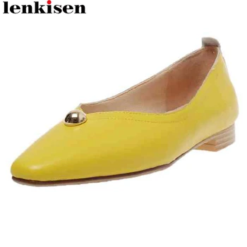 

Lenkisen full grain leather leisure metal decorations small square toe low square heels daily wear convenient women pumps L8f2