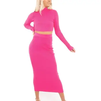 

Hot 2Pcs/Set Women Autumn Solid Color Slim Warm Short Crop Top High Waist Long Skirt Women Autumn Crop Top High Waist Long Skirt
