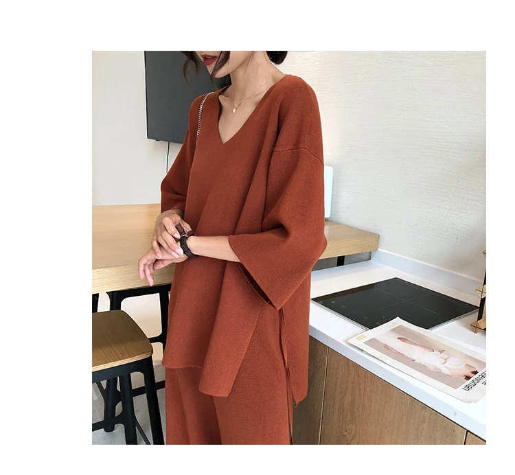 Knitting Female Sweater Pantsuit For Women Two Piece Set Knitted Pullover V-neck Long Sleeve Bandage Top Wide Leg Pants  Suit
