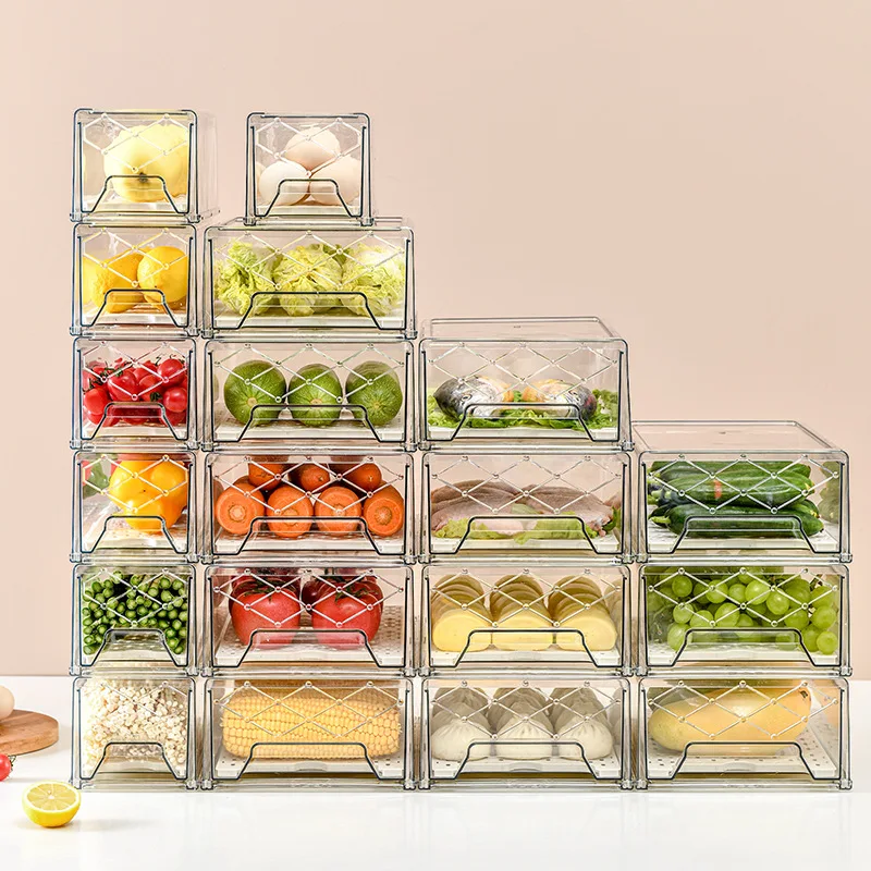 Fridge Organizer Bins Pantry Organization Storage Plastic Stackable Drawer  Container with Removable Drain Tray for Kitchen