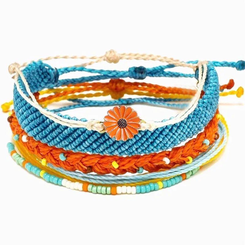 B Водонепроницаемый Регулируемый Boho браслеты набор ручной работы плетеная веревка Гавайские маргаритки подарочные браслеты и ювелирные изделия для женщин девочек-подростков - Окраска металла: B