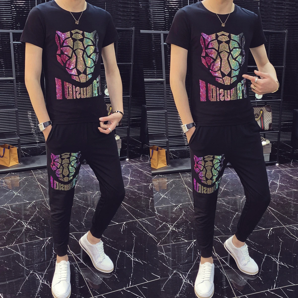 

Two Piece Slim Fit Outfits Set High Quality Tracksuit Top + Pant Men Spider Print Short Sleeve T Shirt