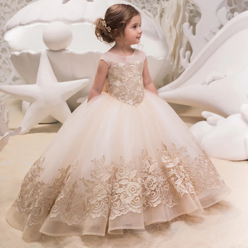 

New Arrival Lovely Girls Lace Appliques Cap Sleeve Ball Gowns Elagant Wedding Flower Girls First Communion Dresses Princess Gown